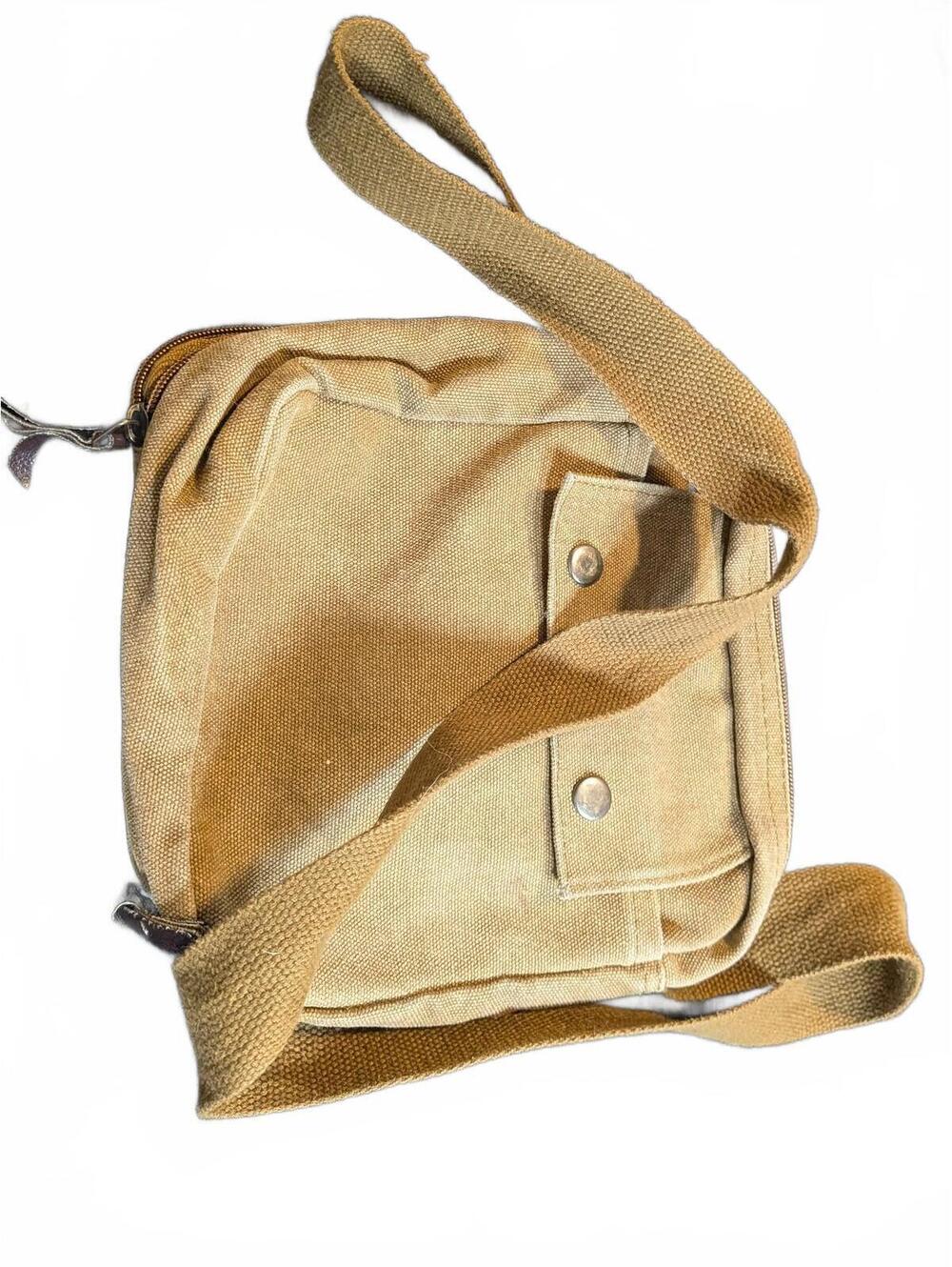 Small Tan Canvas Crossbody Messenger Bag with Brown Trim
